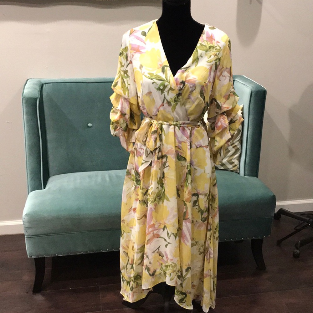 Floral Yellow Midi Wrap Dress with Ruffle Sleeves